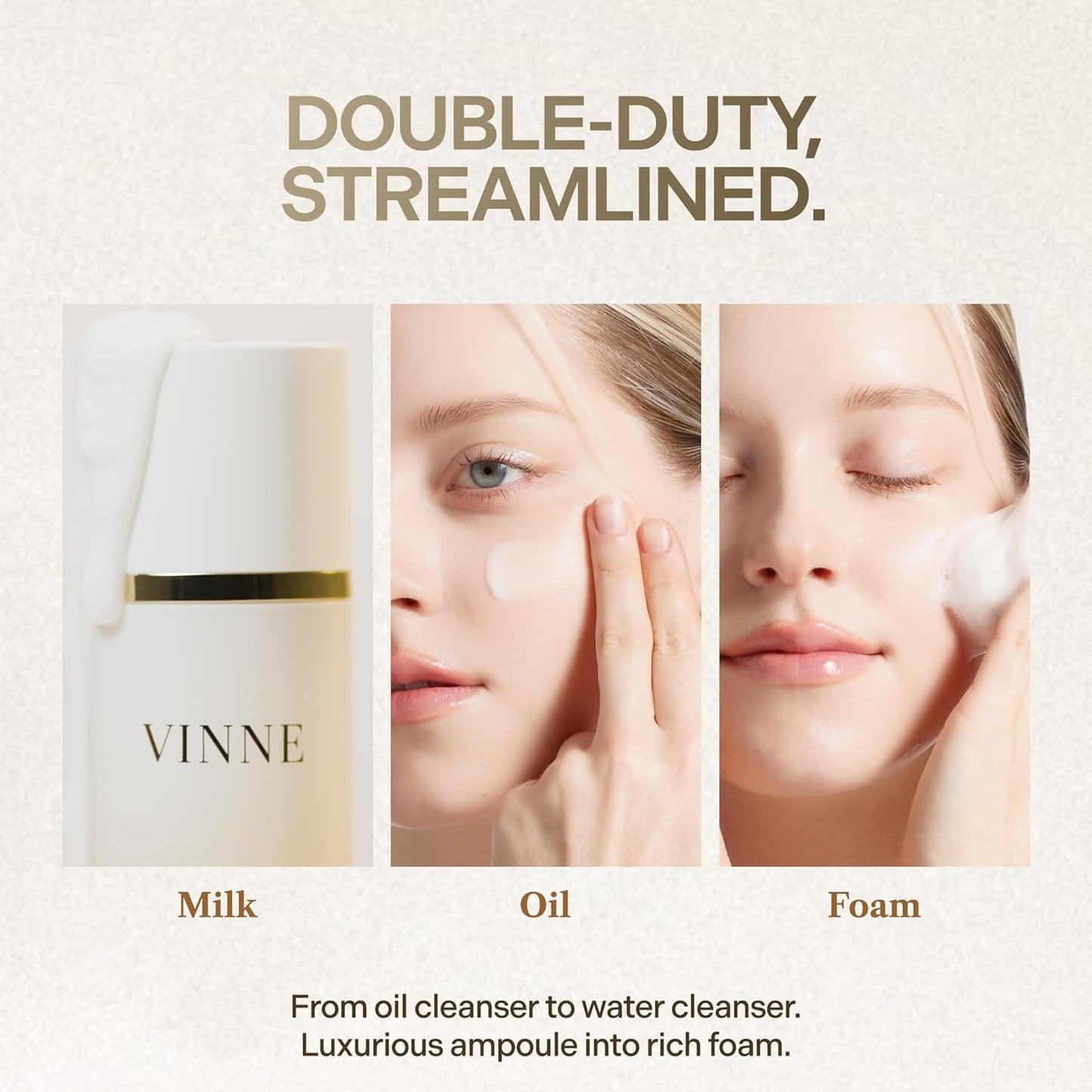 VINNE Signature Milky Foam Cleanser – 3-Step Milk-Oil-Foam Korean Facial Cleanser w/LHA+PHA & 17 Active Ingredients – Oil & Water-Based Dual-Action Face Wash (4.05 fl. oz)