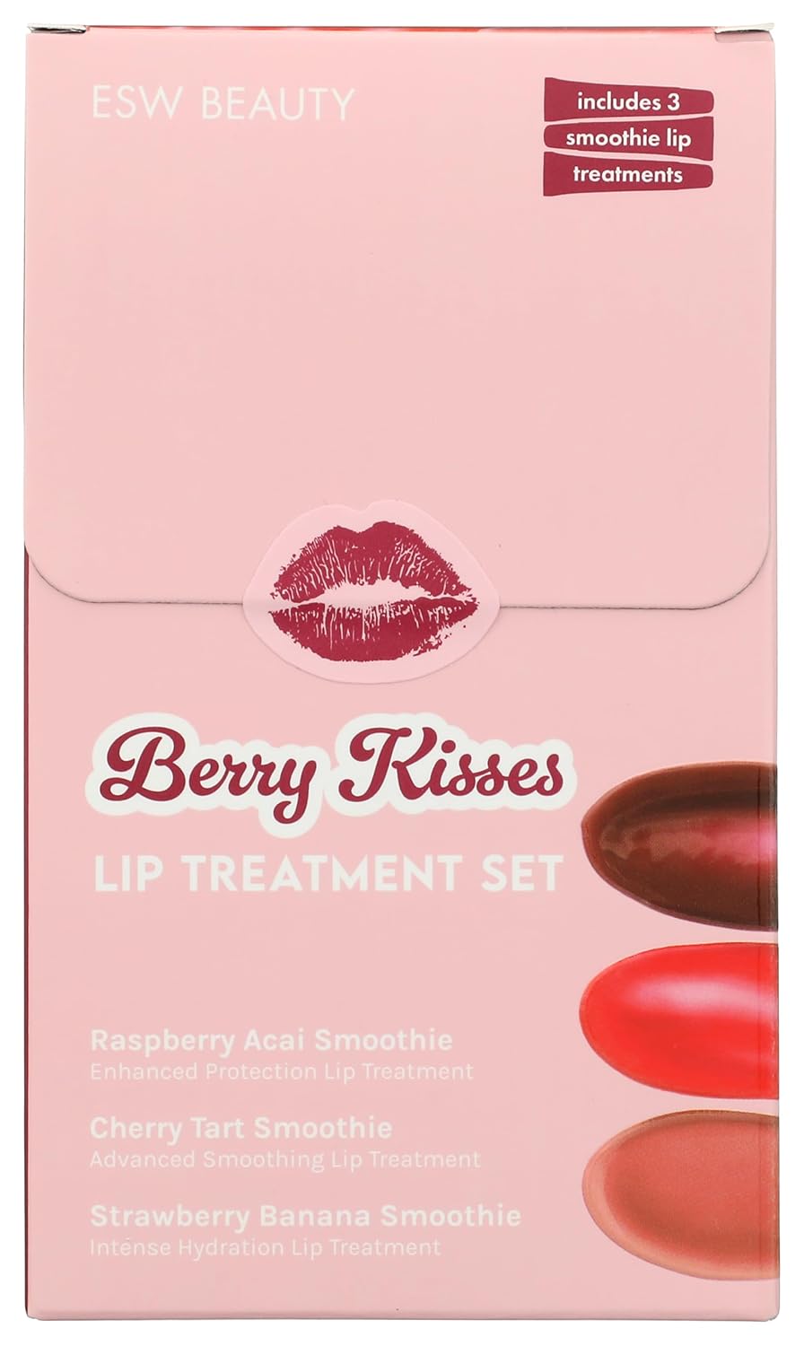 ESW Beauty Berry Kisses Lip Treatment Set – Raspberry Acai, Cherry Tart & Strawberry Banana – Hydrating, Smoothing & Protective Lip Gloss Set