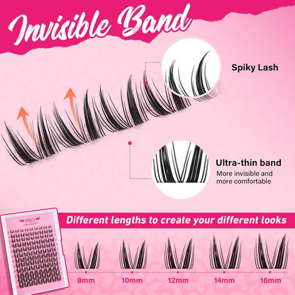 PROLASHBEAUTY Manga Lash Clusters Kit Wispy Eyelash Clusters DIY Lash Extension Kit Individual lashes Incisible Band Eyelash Extension Kit with Lash Glue, Tweezers Lash Brush (Genie,8-16mix)