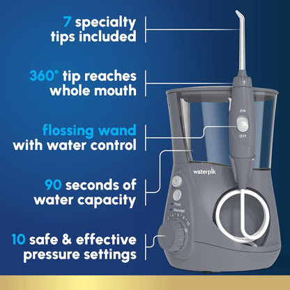 Waterpik Aquarius Water Flosser For Teeth Cleaning, Gums, Braces, Dental Care, Electric Power With 10 Settings, 7 Tips For Multiple Users And Needs, ADA Accepted, Gray WP-667, Packaging May Vary