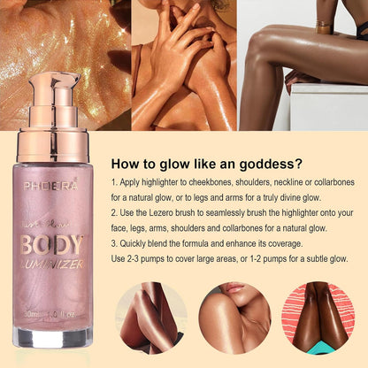 Body Shimmer Oil, Sparkle Pink Natural Glow Luminizer, Long Lasting Waterproof Moisturizing Liquid Illuminator Highlighter Makeup for a Sun-Kissed Glow, Brush Include, 1oz, Fair