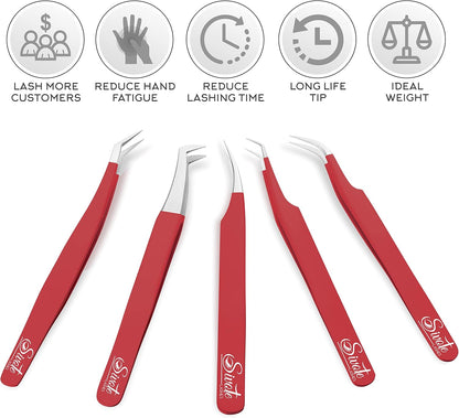 SIVOTE Eyelash Extension Tweezers for Classic & Volume Lashes, 5-Pack, Red