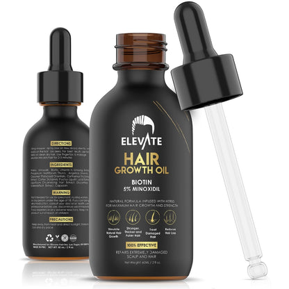 Elevate Hair Regrowth Treatment 5% Minoxidil Solution – Biotin Serum Hair Growth Oil for Men & Women - Thicker Fuller Stronger Hair - Stops Hair Loss & Thinning - Natural Hair Thickening Treatment 2oz