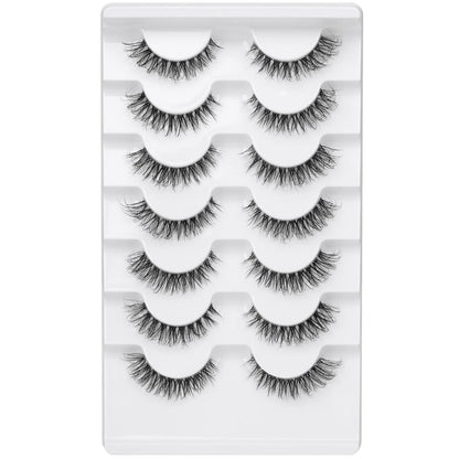 JIMIRE Demi-wispies Faux Mink Eyelashes with Clear Band Russian Strip Lashes Fluffy Natural Look Wispy Light 13MM Short False Eyelashes Invisible Small 3D Fake Lashs Pack 7 Pairs