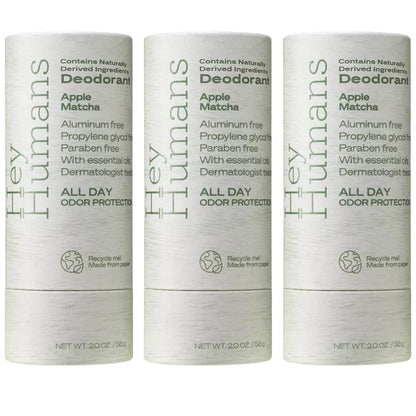 Hey Humans Deodorant, Aluminum Free Deodorant for Women and Men, Contains Naturally Derived Ingredients, All Day Odor Control, Refreshing Essential Oils, Earth Friendly Package, Apple Matcha