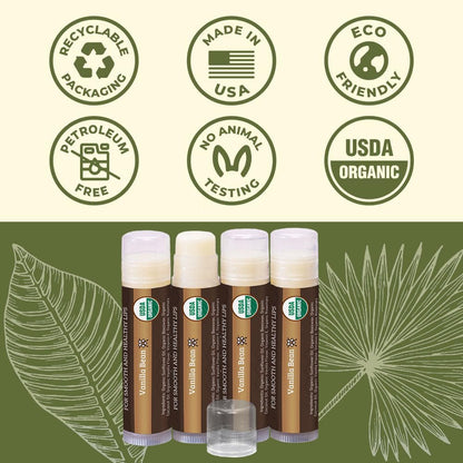 Earth's Daughter USDA Organic Lip Balm 4-Pack Vanilla Flavor - Beeswax, Coconut Oil, Vitamin E - Best Lip Repair Chapstick for Dry Cracked Lips.