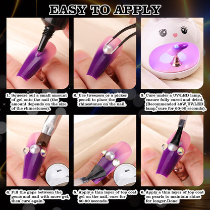 Rhinestone & Pearl Manicure Kit - Nail Rhinestone Glue Gel, Flatback Glass Crystal AB + Clear Gems, Beige Half Round Pearls, Gem Glue for Nails (UV/LED Needed) with Dotting Tools