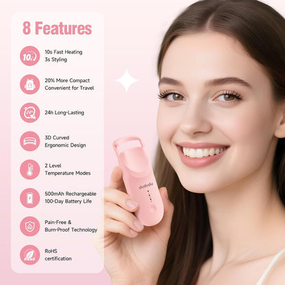 DUDUDU Heated Eyelash Curler, Portable Travel-Size Mini Electric Heated Lash Curler - 2-Level Adjustable Temp & Type-C Recharge, 10S Heat 3S Style 24H Lift for Long-Lasting Natural Effortless Curves