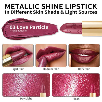 Oulac Burgundy Lipstick for Women with Metallic 3D Shine Lightweight Hydrating Formula, High Impact Lip Color, Vegan Beauty, Full Coverage Lip Makeup, Christmas Gifts for Women, Love Particle(03)