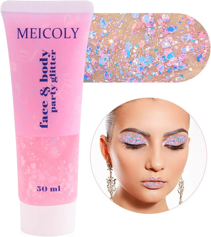 MEICOLY Chameleon Baby Pink Body Glitter,Pink Turn to Purple Face Glitter Paint,Color Changing Mermaid Face Glitter Gel for Halloween,Chunky Glitter for Face Body Hair,Festival Party Glitter Makeup
