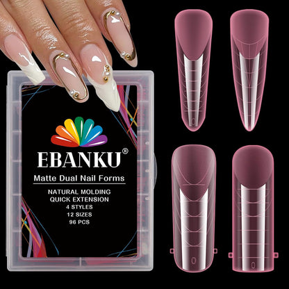 EBANKU Pink Dual Nail Forms, Full Cover Nail Mold Tips Acrylic Nail Extension Tools Scale for Poly Gel Nail Art Salon Nails Design, 96PCS