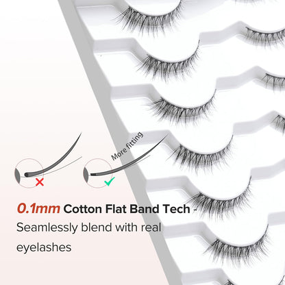 False Eyelashes Wispy Lashes Natural Look 12mm Cat Eye Eyelashes 3D Volume Natural Lashes 0.1MM Thin Band Strip Lashes Siligli Eye Lashes C Curl 7 Pair