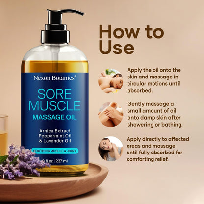 Sore Muscle Massage Oil for Massage Therapy 8 fl oz - Refreshing and Relaxing - Natural Oils with Arnica, Peppermint and Lavender Oil - for Men and Women - Nexon Botanics