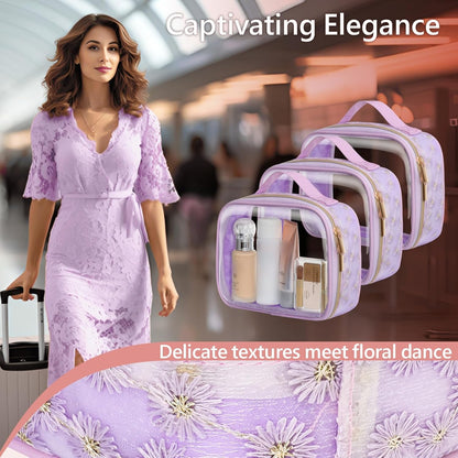 PACKISM Floral Texture TSA Approved Toiletry Bag - 180° Large Opening Clear Makeup Bags with Handle, Easily Access, Clear Travel Bags for Toiletries TSA Approved, Thick 0.5 mm, Purple