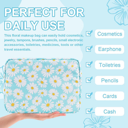 Waterproof Large Floral Makeup Pouch,Nylon Travel Toiletry Storage Purse Preppy Cosmetic Bag for Women Girl,Large Capacity Makeup Organizer Zipper Pouch for Work(L Blue-Daisy)