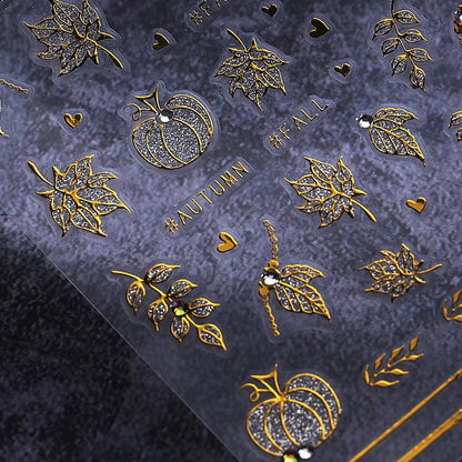 3 Sheets Fall Gold Nail Stickers for Nail Art Cute Gold Pumpkin Nail Decals Autumn Maple Leaf Nail Art Stickers 5D Self-Adhesive Glitter Thanksgiving Day Nail Decoration for Women Nails Design