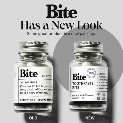 Bite Whitening Toothpaste Tablets – Nano Hydroxyapatite & Xylitol (Mint Charcoal) | Sensitive Teeth Friendly | No Fluoride, Vegan, Cruelty-Free | Travel-Size | 2 Bottles (124 Bits) | Made in USA