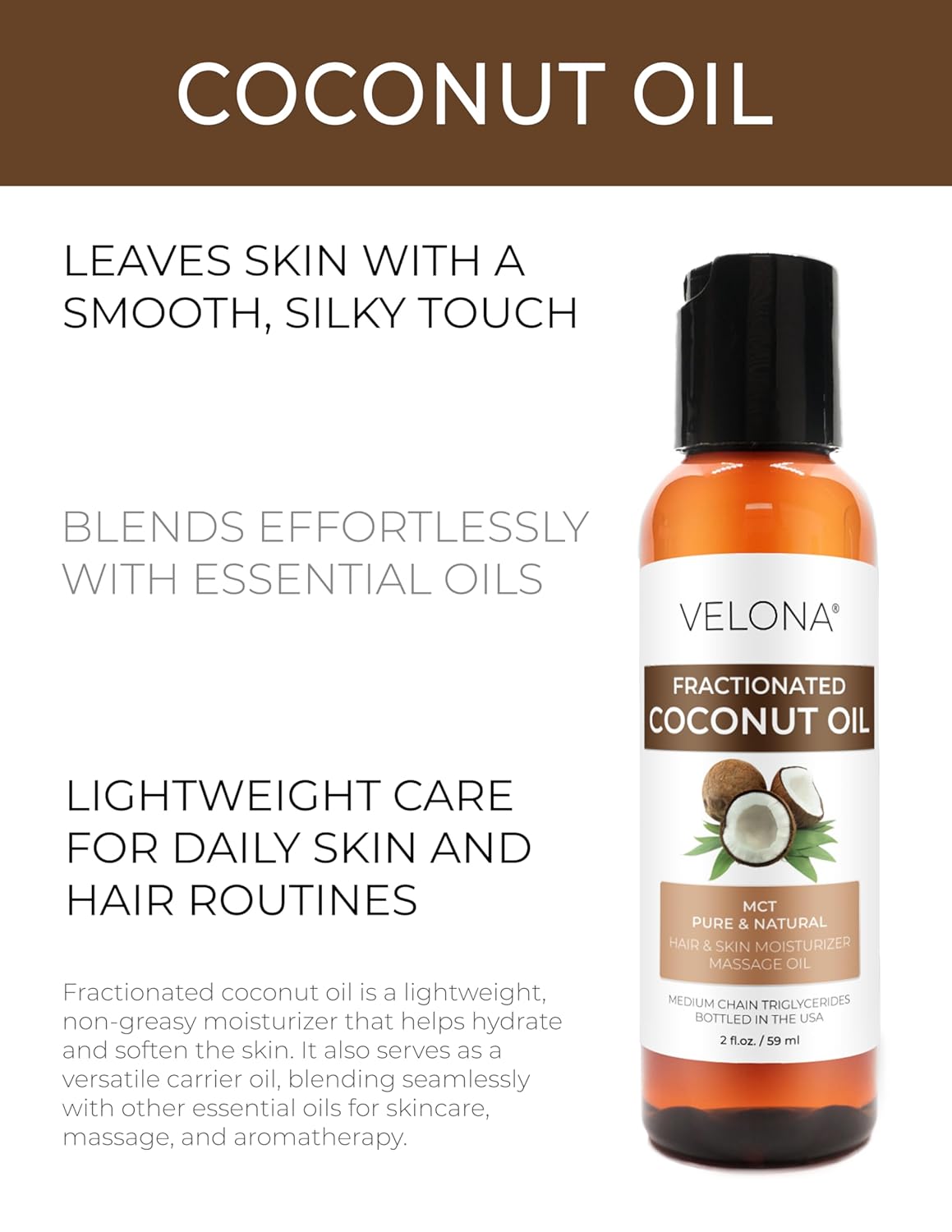 velona MCT Coconut Oil 2 Fl Oz | 100% Pure and Natural Carrier Oil | Fractionated | Skin, Face, Body, Hair Care | Use Today - Enjoy Results