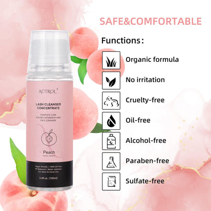 Eyelash Shampoo Concentrate 100ml Lash Extensions Cleanser Concentrate Peach Foaming Shampoo DIY Paraben & Sulfate Free Wash for Lashes with Salon Home Care-Makes 60ml Bottles