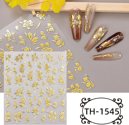6Sheets Gold Nail Art Stickers 3D Self-Adhesive Nails Sticker Flower Nail Art Decals Holographic Golden Floral Leaves Nails Decal Decoration for Women Blossom Manicure Tip DIY Nail Sticker Supplies