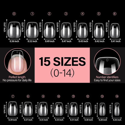 AILLSA Short Square Round Fake Nail Tips 240Pcs Soft Nail Gel Tips Pre-Shaped Acrylic Nail Tips, Half Matte Full Cover Press on False Tips for Nail Extension Home DIY 15 Sizes Gelly Tips