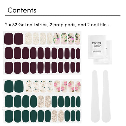 Dashing Diva Gloss Nail Strips Bundle - The Winter Florals Collection- Baby Bouquet & Magnolia Vine - UV Free, Chip Resistant, Long Lasting Gel Stickers - Contains 2 Sets