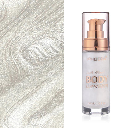 Body Shimmer Oil, Diamond Platinum Natural Glow Luminizer, Long Lasting Waterproof Moisturizing Liquid Illuminator Highlighter Makeup for a Sun-Kissed Glow, Brush Include, 1oz, Light Fair