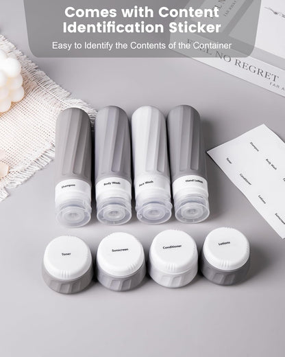 Travel Bottles for Toiletries 8 Pack, Travel Size Toiletries, Tsa Approved Travel Size Containers 3oz, with Travel Essentials Clear Bag, Leak Proof Silicone Squeezable Creams Jars