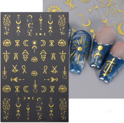 5 Sheets Metallic Gold Nail Art Stickers 3D Self-Adhesive Nails Stickers Bohemian Sun Moon Hexagram 3D Decal Supplies Women DIY Gold Metal Nail Art Decoration