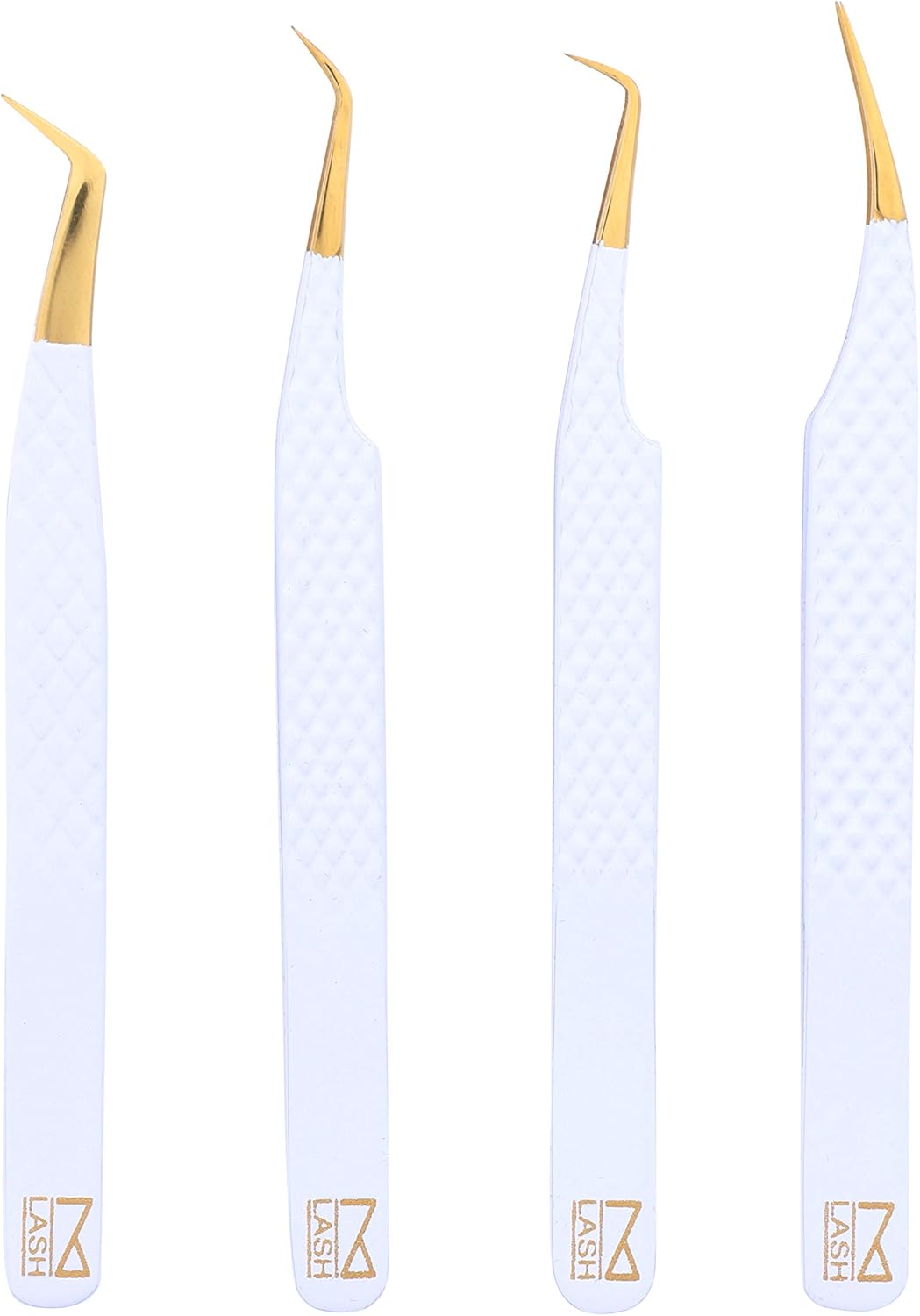 M LASH Eyelash Extension Tweezers (Set of 4) - Professional & Precision Lash Tweezers for Eyelash Extensions - Japanese Steel, Diamond Grip, Fiber Tip V3 (White)