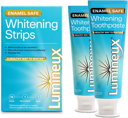 Lumineux Whitening Starter Set – Peroxide Free - Enamel Safe for Whiter Teeth – Includes 7 Whitening Treatments & 2 Pack Whitening Toothpaste, Fluoride Free & Dentist Formulated
