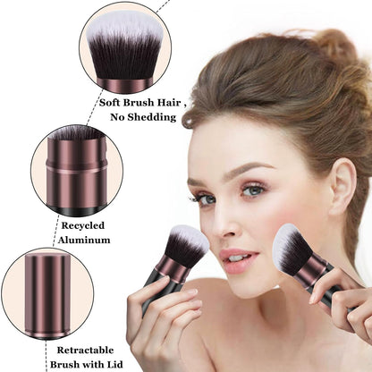 Retractable Kabuki Makeup Brush, 2 Pack Travel Powder Foundation Makeup Brush Face Blush Brushes for Blending Liquid, Blush, Bronzer, Buffing, Sunscreen,Flawless Cosmetics