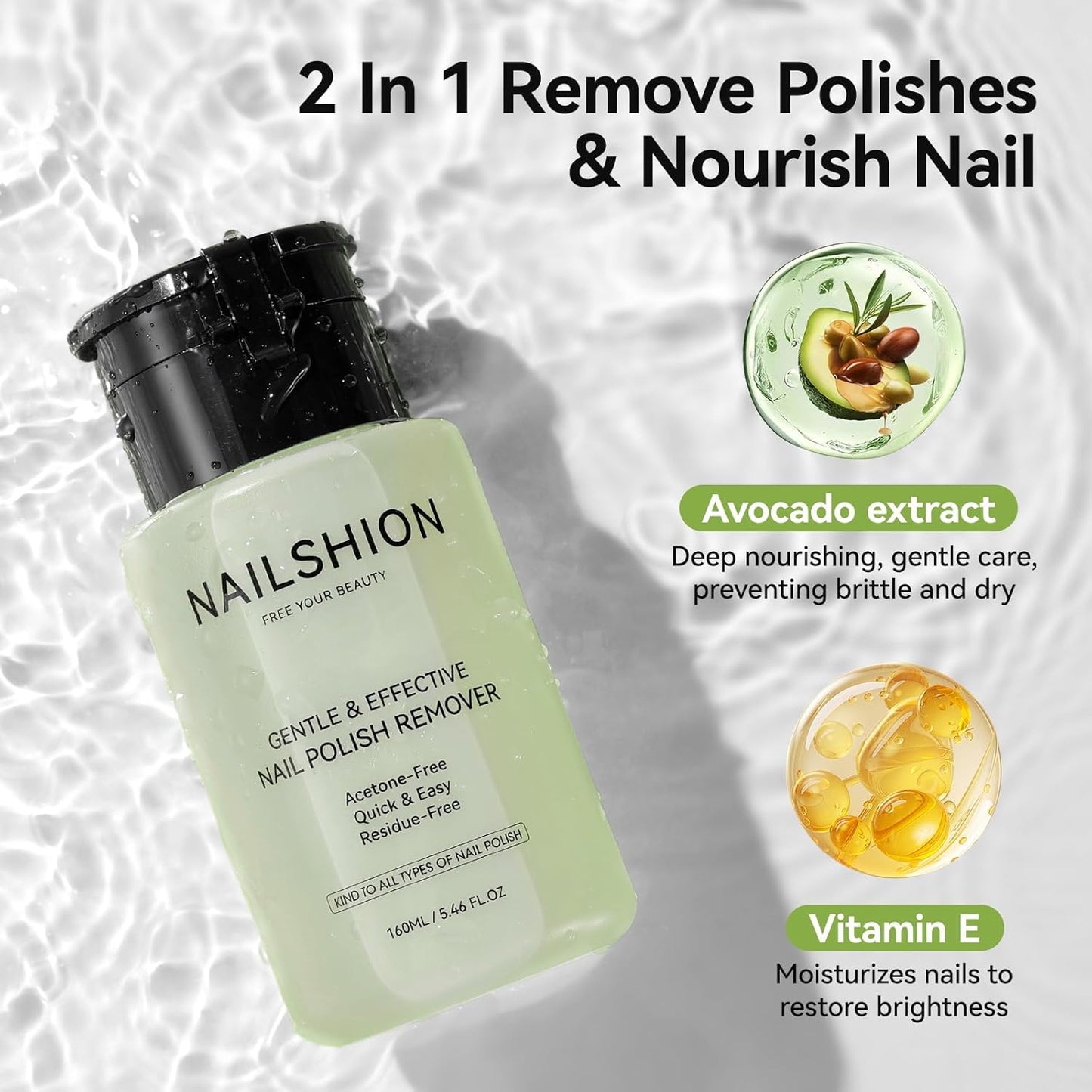 Avocado Nail Polish Remover, Non-Acetone 5s Quick Removal, Professional Remover for All Air-dry Nail Polish, VE Non-Drying Built-in Refillable Pump Bottle, 160ml