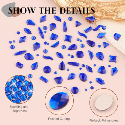 1680Pcs Royal Blue Glass Nail Rhinestones 180Pcs Multi Shapes Flatback Nail Gems + 1500Pcs 1.5-4mm Round Crystal, Manicure Nail Charms Diamond Gemstones for Acrylic Nails Decoration