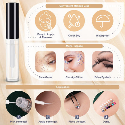 Colorful Face Gems for Makeup Set, Flatback Gorgeous AB&Clear Gems, Mixed-Colored Crystals with Tweezer+Picker Pencil+Makeup Glue+Dual-End Dotting Tool for Eye Hair Body Make-up and Nail Art Deco