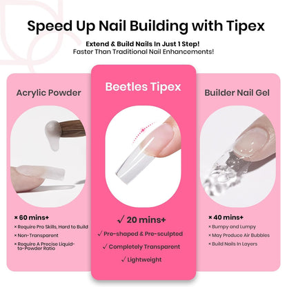 Beetles Tipex Nail Tips Kit, Long Square-C Curved Half Matte Nail Tips 224 Pcs 16 Sizes Pre Building Fake Nails with Tipex Nail Glue, Mini Nail Lamp - Thick Acrylic Nail Set