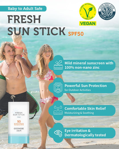 Fresh Sun Stick Mild SPF 50 - No White Cast Zinc Oxide Mineral Sunscreen Stick Balm - Non Greasy Soft Matte Finish - Travel Friendly for Babies, Kids & Adults - Vegan, Reef-Safe, 0.49oz.