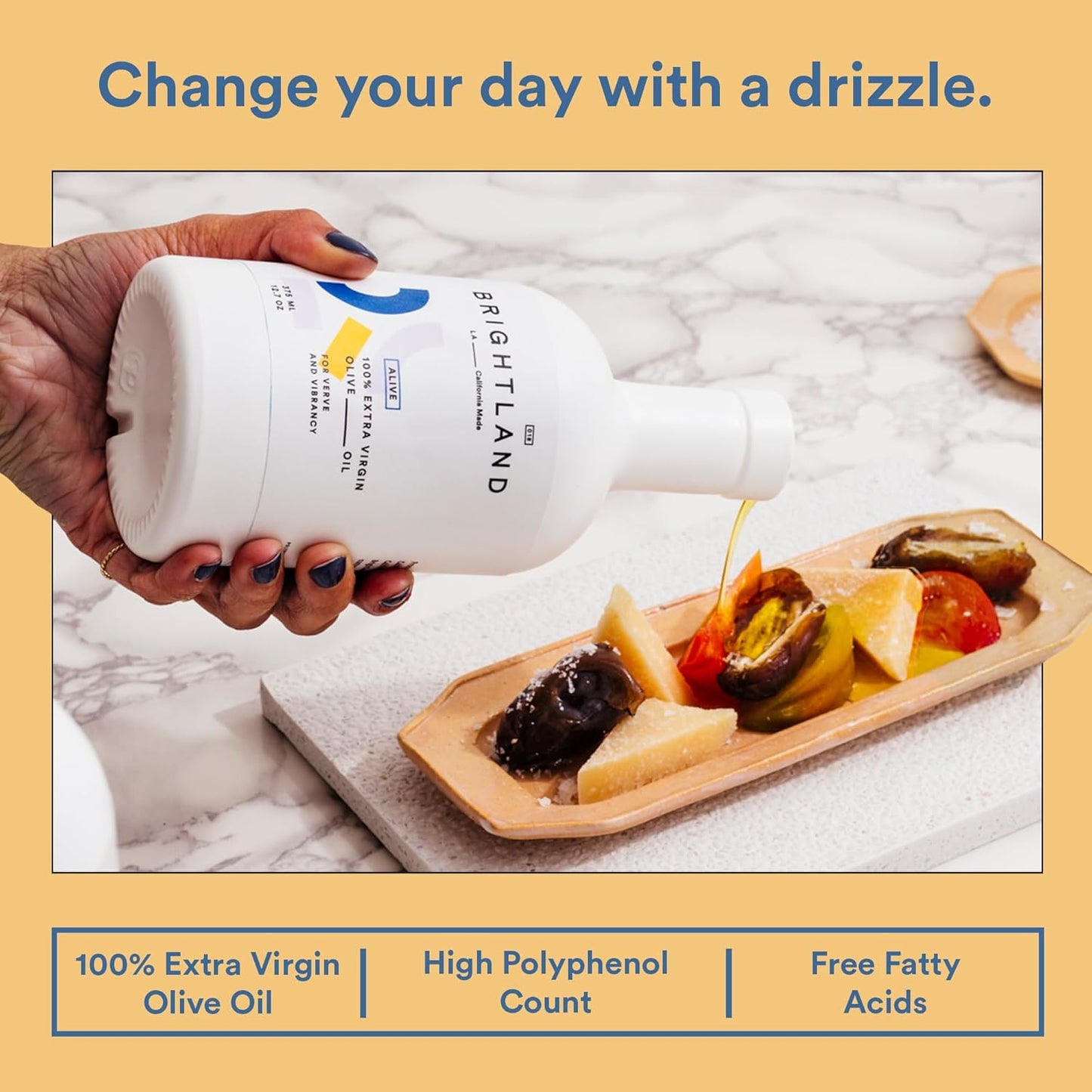 Brightland Extra Virgin Olive Oil, Alive - High Polyphenol Cold-Pressed Oil Ideal for Salads, Hummus, Baked Goods & Bread - Made from Arbosana, Arbequina & Koroneiki Olives - 12.7 Fl Oz