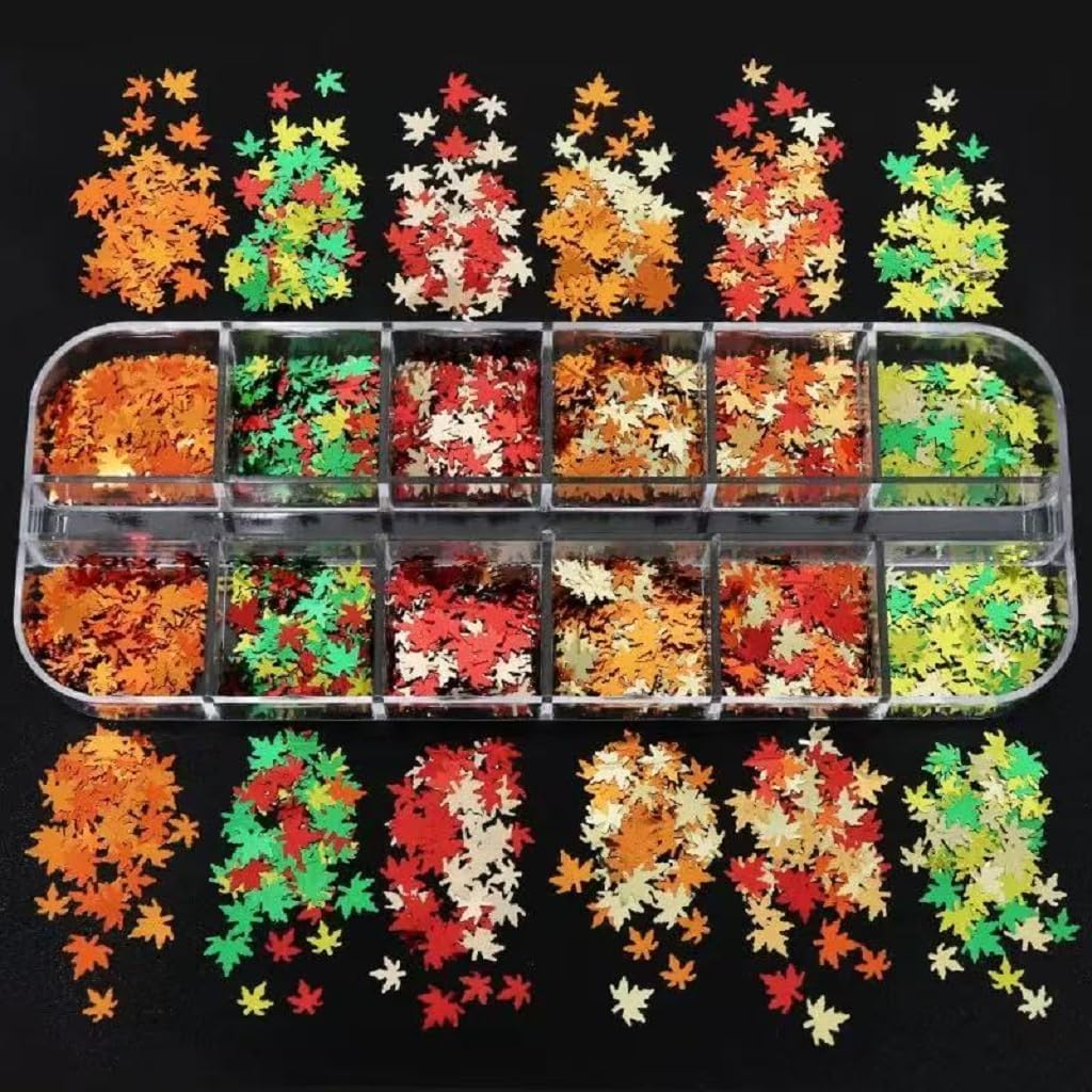 3 Boxes Fall Nail Art Sequins Thanksgiving Day 3D Holographic Gold Red Maple Leaf Nail Glitter Sequins Autumn Nail Supplies Decoration for Women DIY Manicure (36 Grids)
