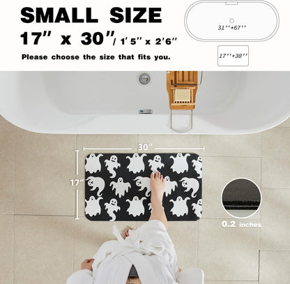 Halloween Bath Mat, Thin Halloween Bathroom Rug Non Slip Quick Dry Ghost Bath Mat Fits Under Door Thin Floor Mat Halloween Decor, 17''x30'', Spooky Ghosts Black