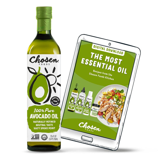 Chosen Foods 100% Pure Avocado Oil for Cooking - 25.4 floz - Rich in Good Fats, Naturally Refined, High Smoke Point, Non-GMO, Soy-Free, Canola Oil-Free, Gluten-Free, Keto + Recipe eBook