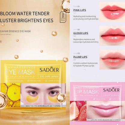 MEICOLY 30 Pads Lip and Eye Mask Sheet,Moisturizing Gold Caviar Under Eye Mask Strawberry Lip Mask,Crystal Anti-Aging Eye Patches Dark Circle Remover with Box,Eye and Lip Mask Set