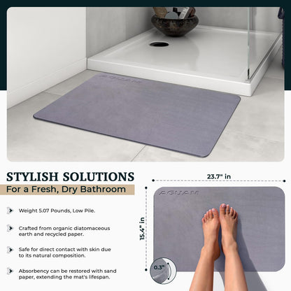 23" x 15" Diatomaceous Earth Shower Non Slip Stone Bath Mat | Quick Dry Super Absorbent Large Mats for Kitchen | Anti-Slip Fast Drying Water Absorbing Stone Bath Mats for Bathroom | Solid Gray