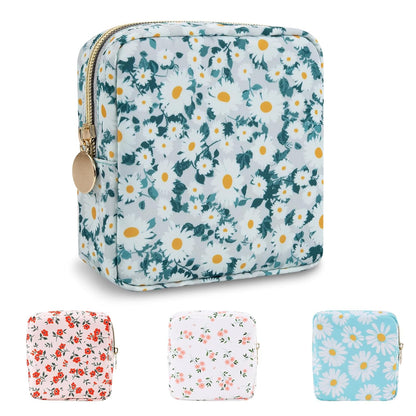 Waterproof Mini Floral Makeup Bag Pouch for Purse,Nylon Flower Cosmetic Travel Bag Small Preppy Toiletry Organizers Bag for Women Girl,Cute Zipper Pouch Coin Purse for Work(Mini Green-Daisy)