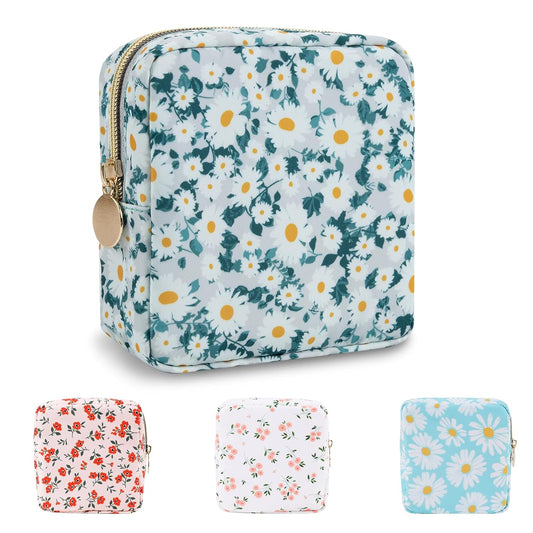 Waterproof Mini Floral Makeup Bag Pouch for Purse,Nylon Flower Cosmetic Travel Bag Small Preppy Toiletry Organizers Bag for Women Girl,Cute Zipper Pouch Coin Purse for Work(Mini Green-Daisy)