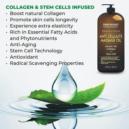 First Botany, Anti-Cellulite Massage Oil Infused with Collagen & Stem Cells - Natural Cellulite & Stretch Mark Treatment for Men & Women - 8 oz