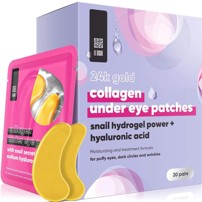 LE GUSHE Under Eye Mask & Under Eye Patches (20 Pairs) - Gold Eye Mask with Collagen & Amino Acid, Cooling Eye Care for Wrinkles, Puffy Eyes & Dark Circles, Brightening Skincare