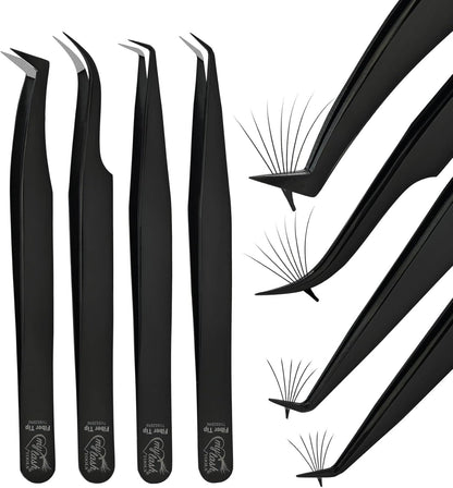 Fiber Tip Lash Tweezers for Lash Extensions, Precision Boot Volume Eyelash Extensions Tweezers Japanese Steel Curved & Isolation fiber grip tweezers pinzas para pestaas (4pcs Set)