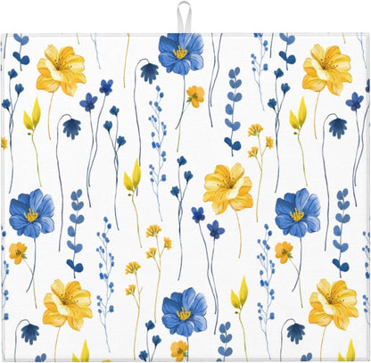 Navy Blue Yellow Flower Dish Drying Mat for Kitchen Counter Watercolor Floral Decorative Dish Drainer Rack Mats 16"x18" Absorbent Reversible Drying Pad