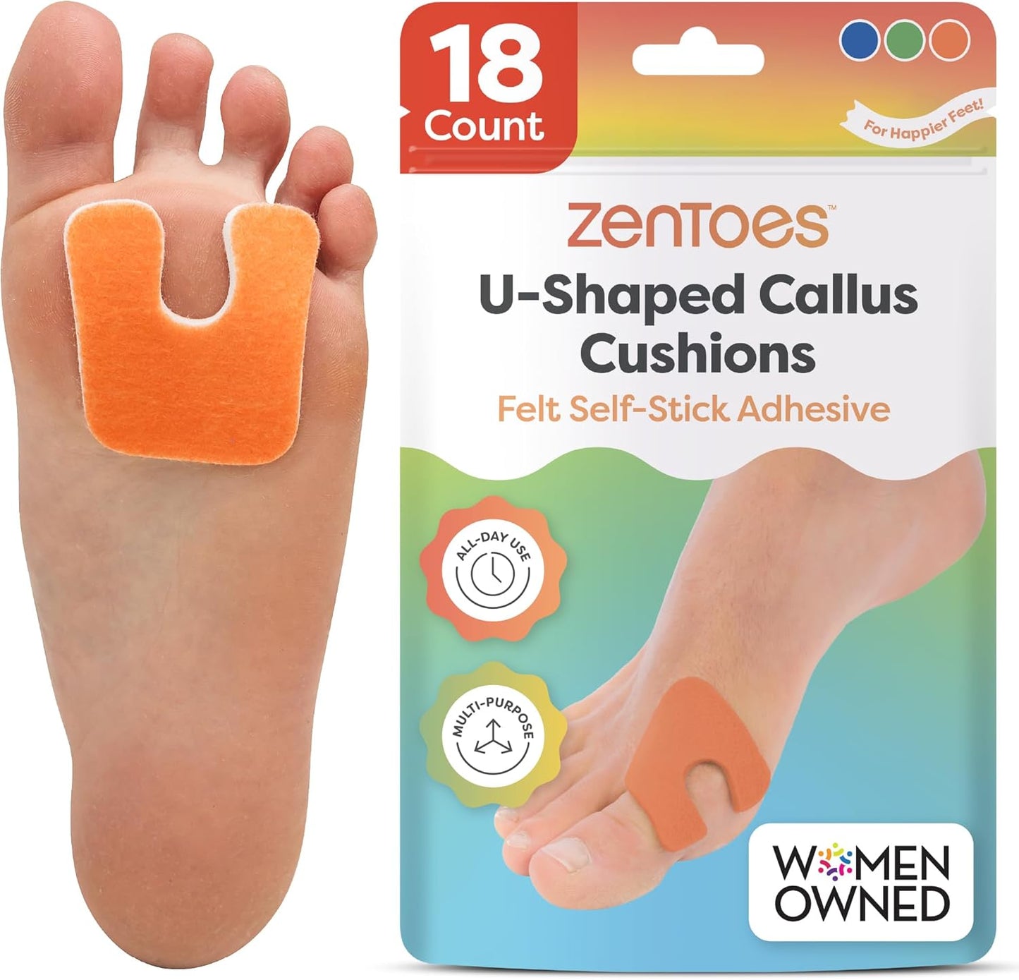 ZenToes Callus Pads | U-Shaped Design Moleskin Blister Pads | Self-Stick Adhesive Felt All Day Comfort Cushions for Calluses and Corns | Reduce Pressure and Friction | 18 Count (Blue/Green/Orange)